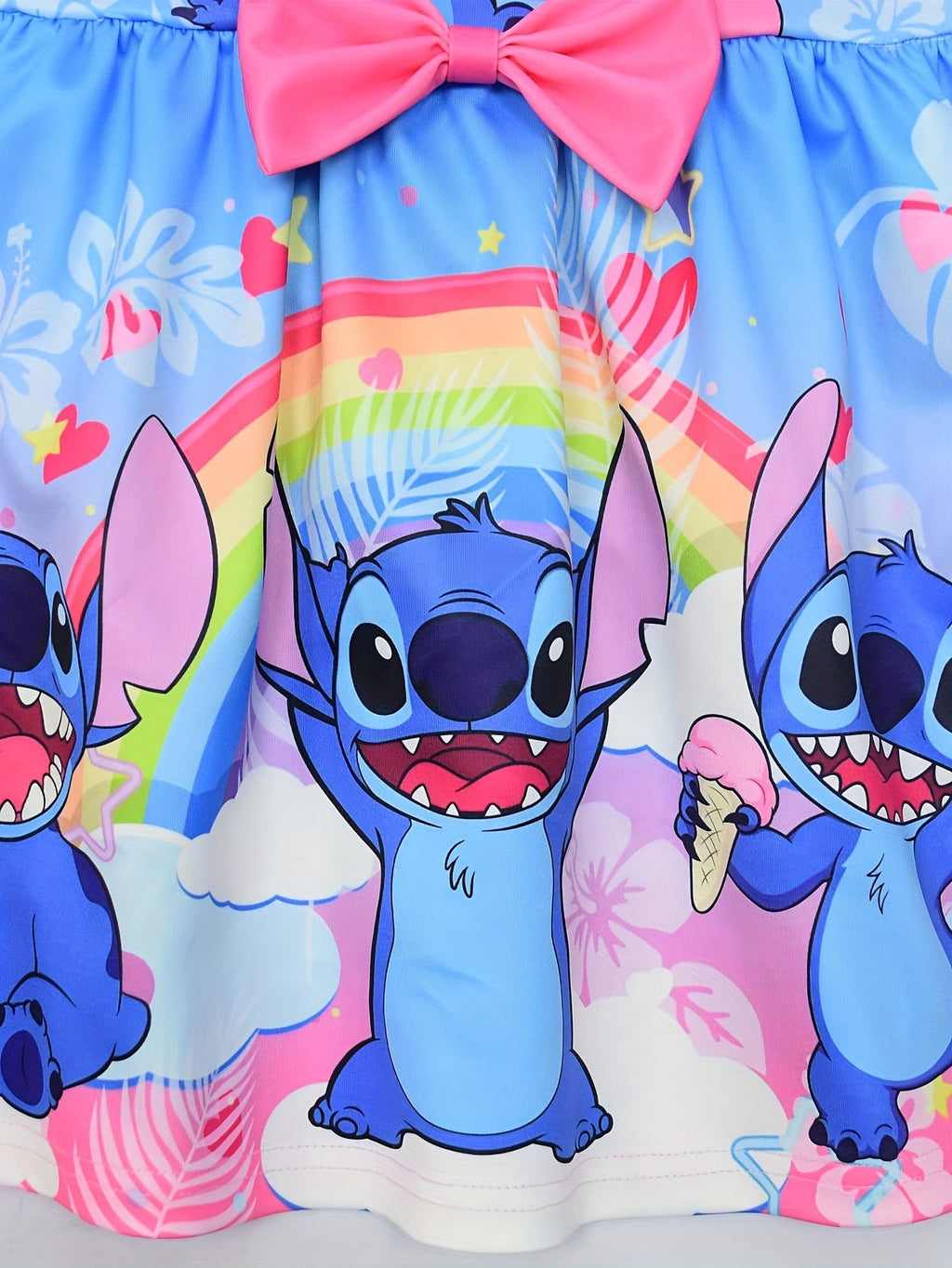 Disney Stitch Mädchen Ärmelloses Rundhalskleid inklusive Schleife & Blumenmuster - Leichter Polyester-Spandex