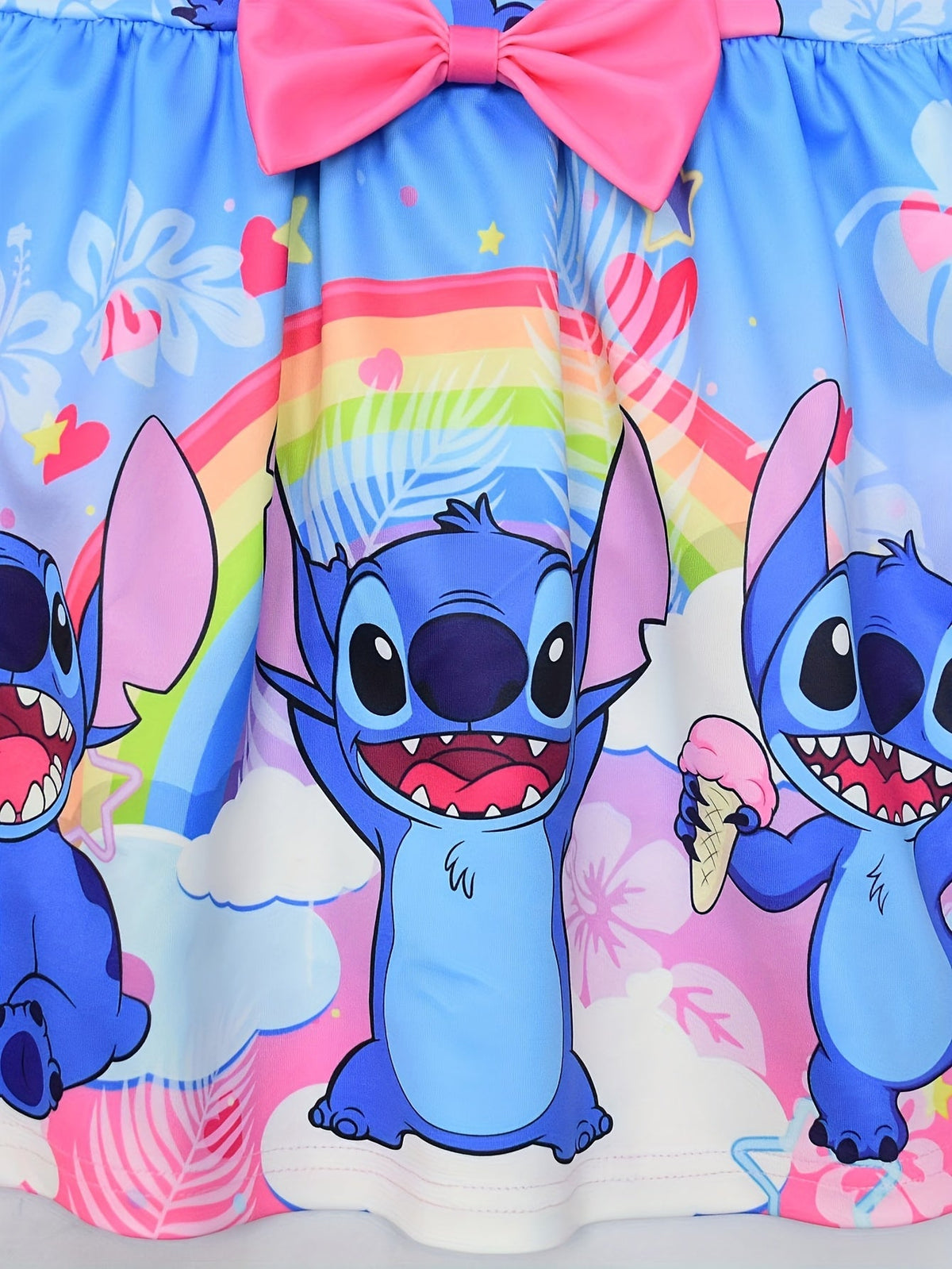 Disney Stitch Mädchen Ärmelloses Rundhalskleid inklusive Schleife & Blumenmuster - Leichter Polyester-Spandex