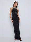 Maxikleid mit Neckholder und Kristallen
