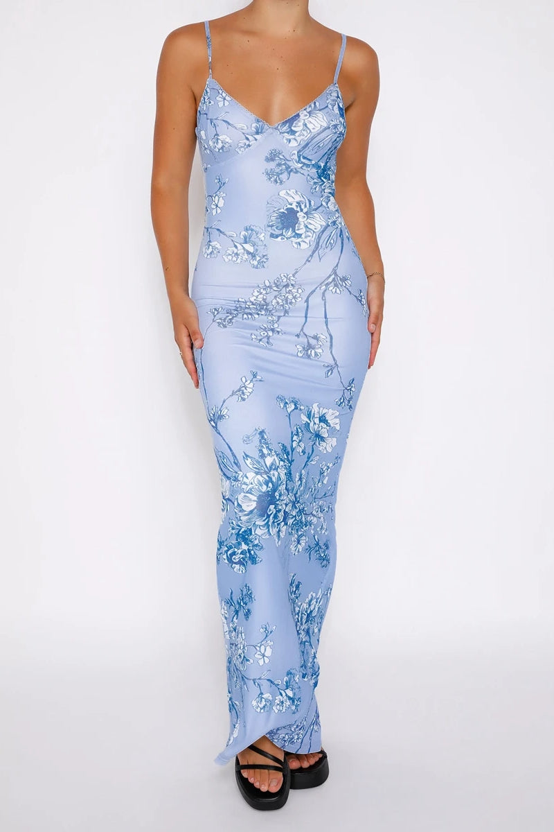 Rückenfreies Kleid mit Blumenmuster in Blau
