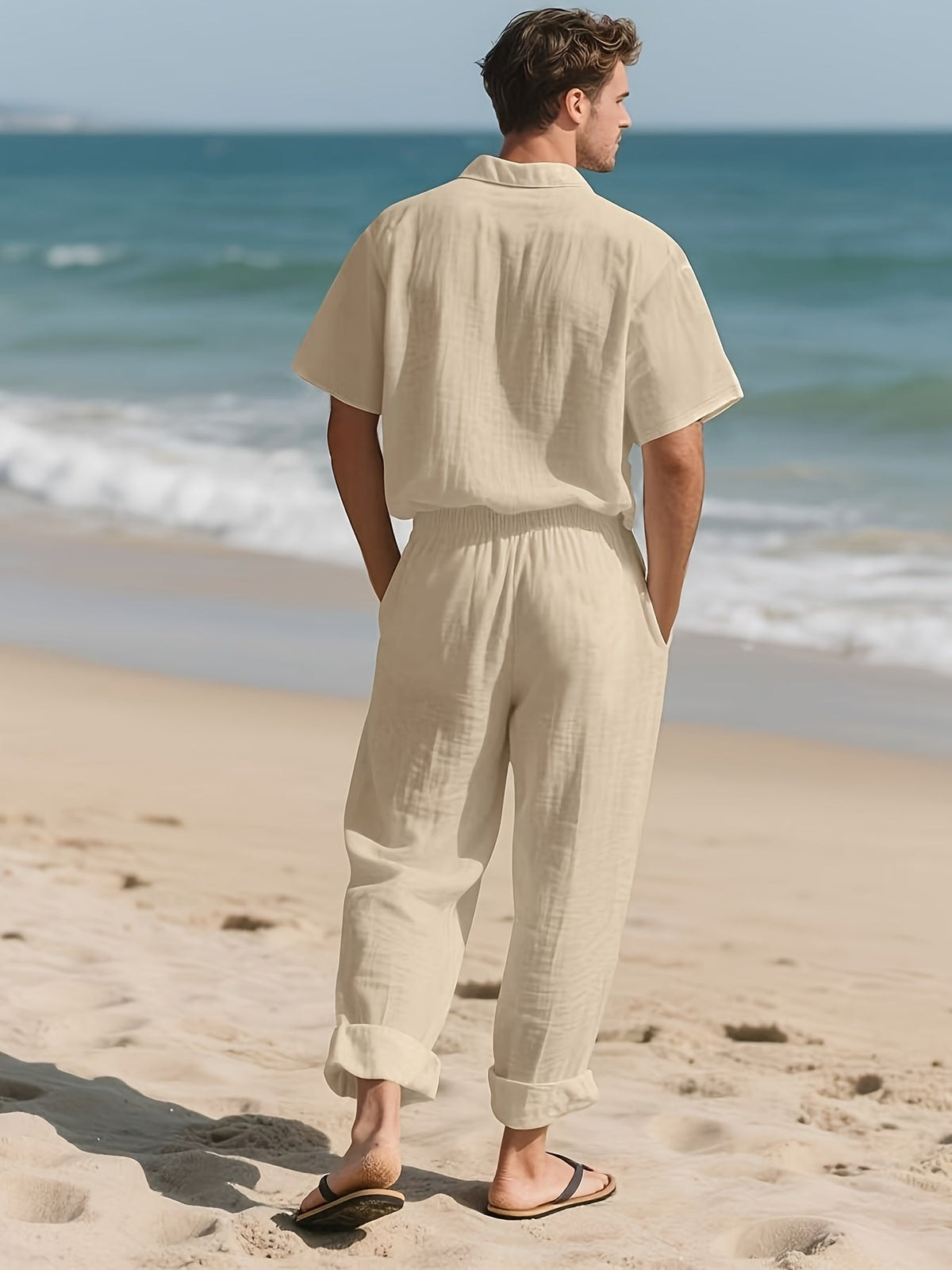 Herren Lässig Leinen Set – Bequem und Luftig mit Langer Hose und Kurzen Ärmeln