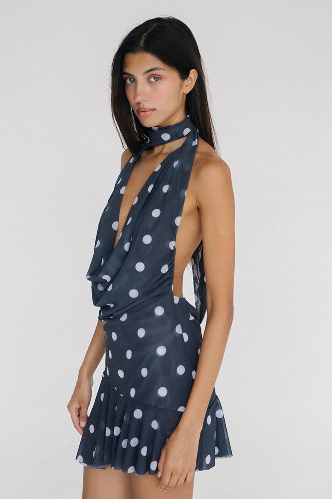 Rückenfreies Minikleid mit Neckholder, Punktemuster und Netzdetails