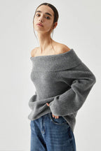 Schulterfreier Pullover mit Strickstruktur in Grau