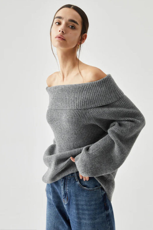 Schulterfreier Pullover mit Strickstruktur in Grau
