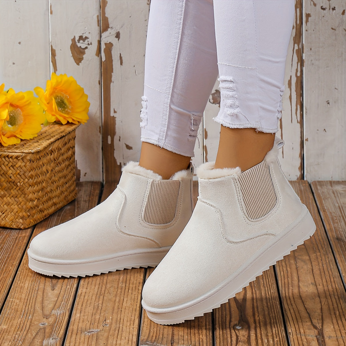 Stiefeletten gefüttert mit flachem Absatz – Beige