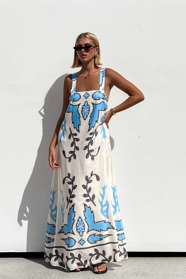 Ärmelloses Maxikleid mit Blumenmuster in Blau mit Schulterfrei