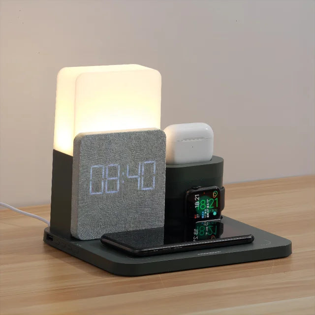 Multi-Funktions-Kabellos-Ladestation – Lampe und Wecker inklusive