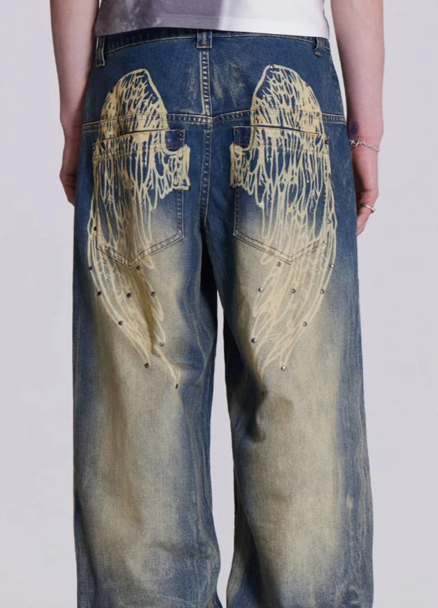 Jeans mit weitem Bein und Druck in Schwarz