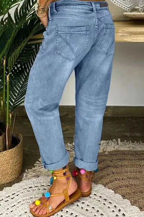 Low-Rise Straight-Leg-Jeans mit Used-Look und Knopfleiste