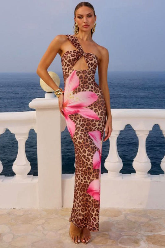 Figurbetontes Maxikleid mit Aussparungen und Leopardenmuster