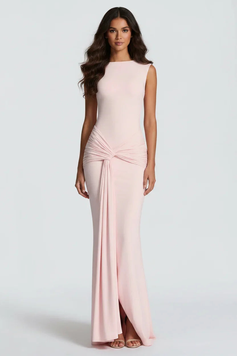 Damen Maxikleid mit Drapierung und Rundhalsausschnitt