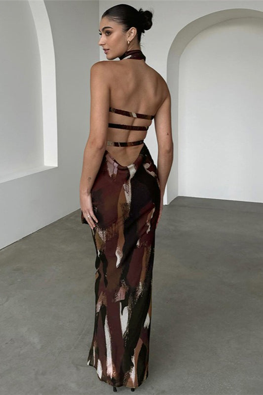 Trägerloses Maxikleid mit Druck in Braun