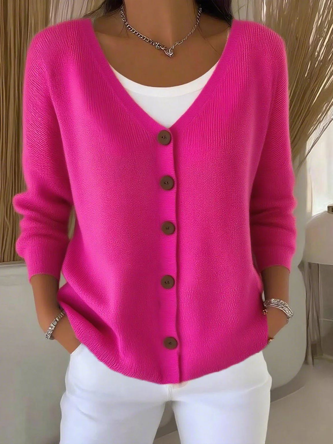 Langarm V-Ausschnitt Knopf Pullover