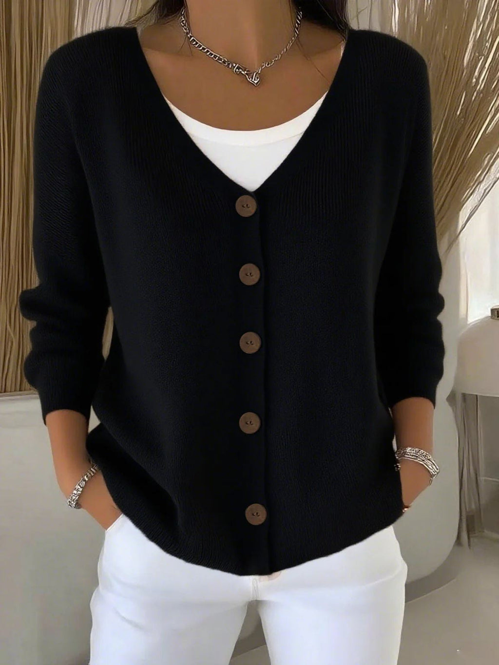 Langarm V-Ausschnitt Knopf Pullover