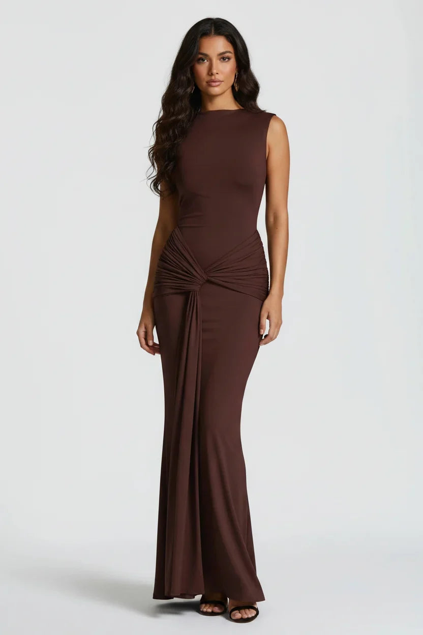 Damen Maxikleid mit Drapierung und Rundhalsausschnitt