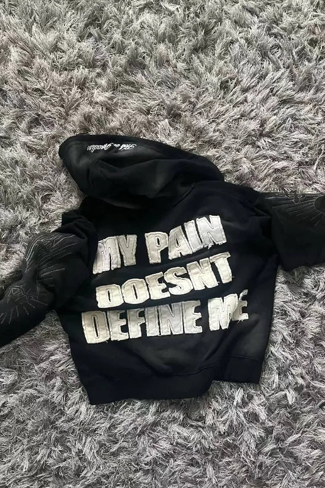 Hoodie mit Reißverschluss, Schriftprint und Stickerei in Schwarz
