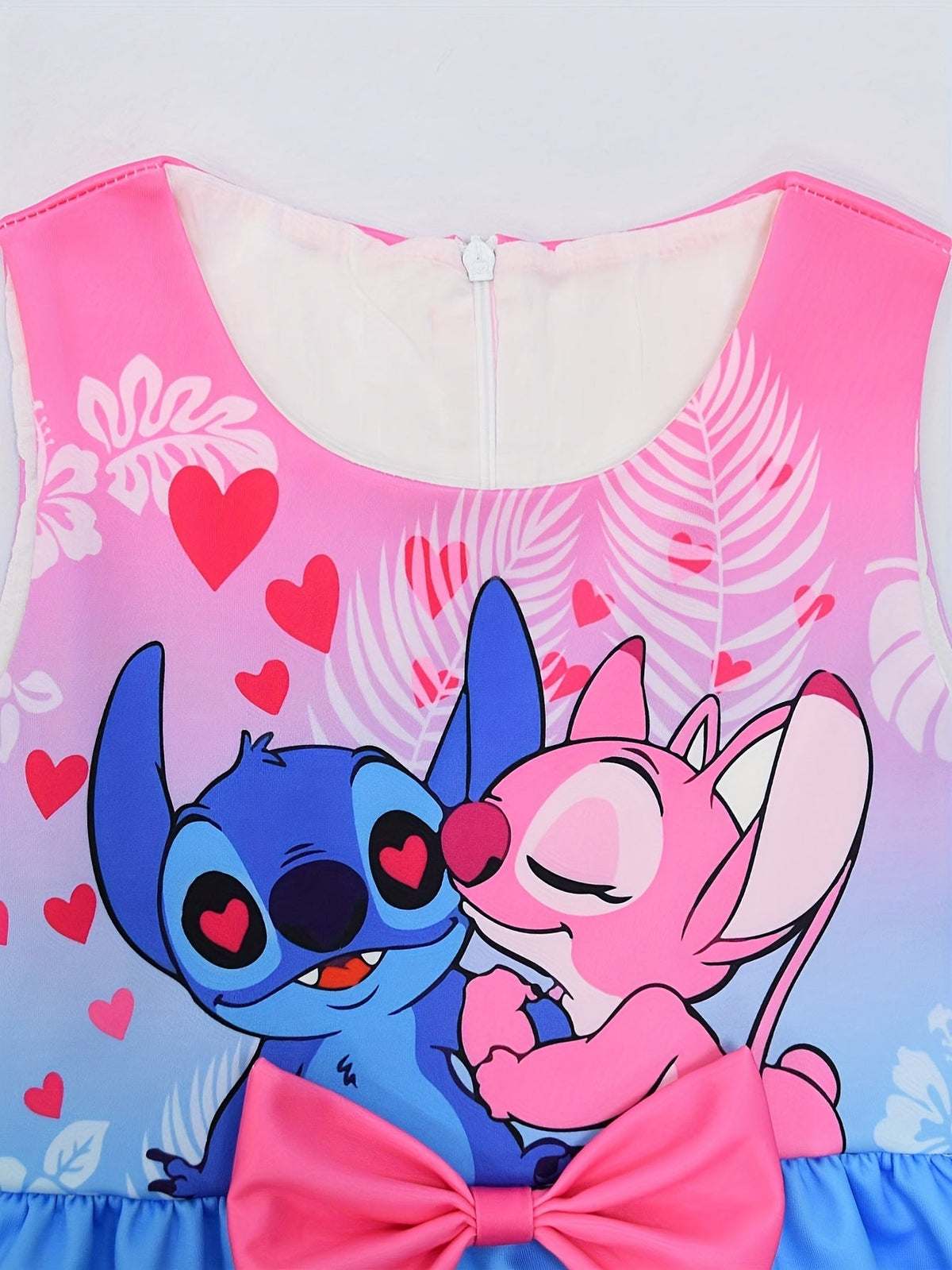 Disney Stitch Mädchen Ärmelloses Rundhalskleid inklusive Schleife & Blumenmuster - Leichter Polyester-Spandex