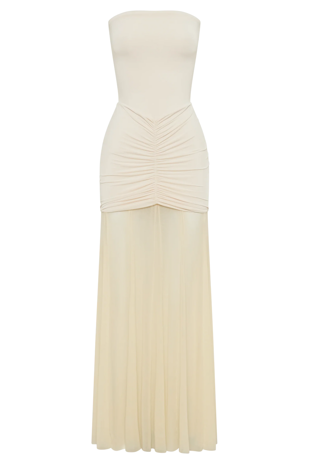 Caspian – Schulterfreies Maxikleid mit Mesh-Akzenten