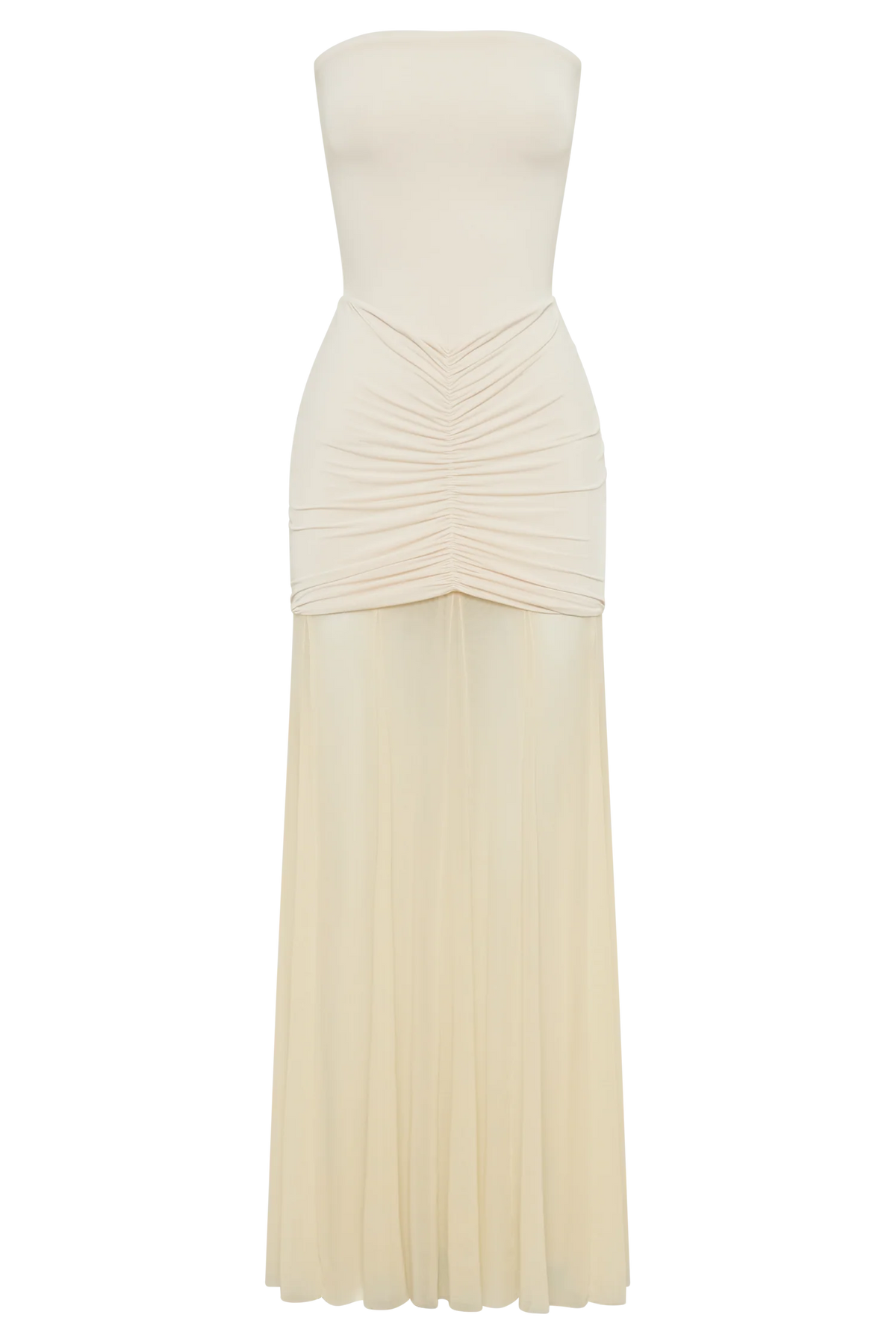 Caspian – Schulterfreies Maxikleid mit Mesh-Akzenten