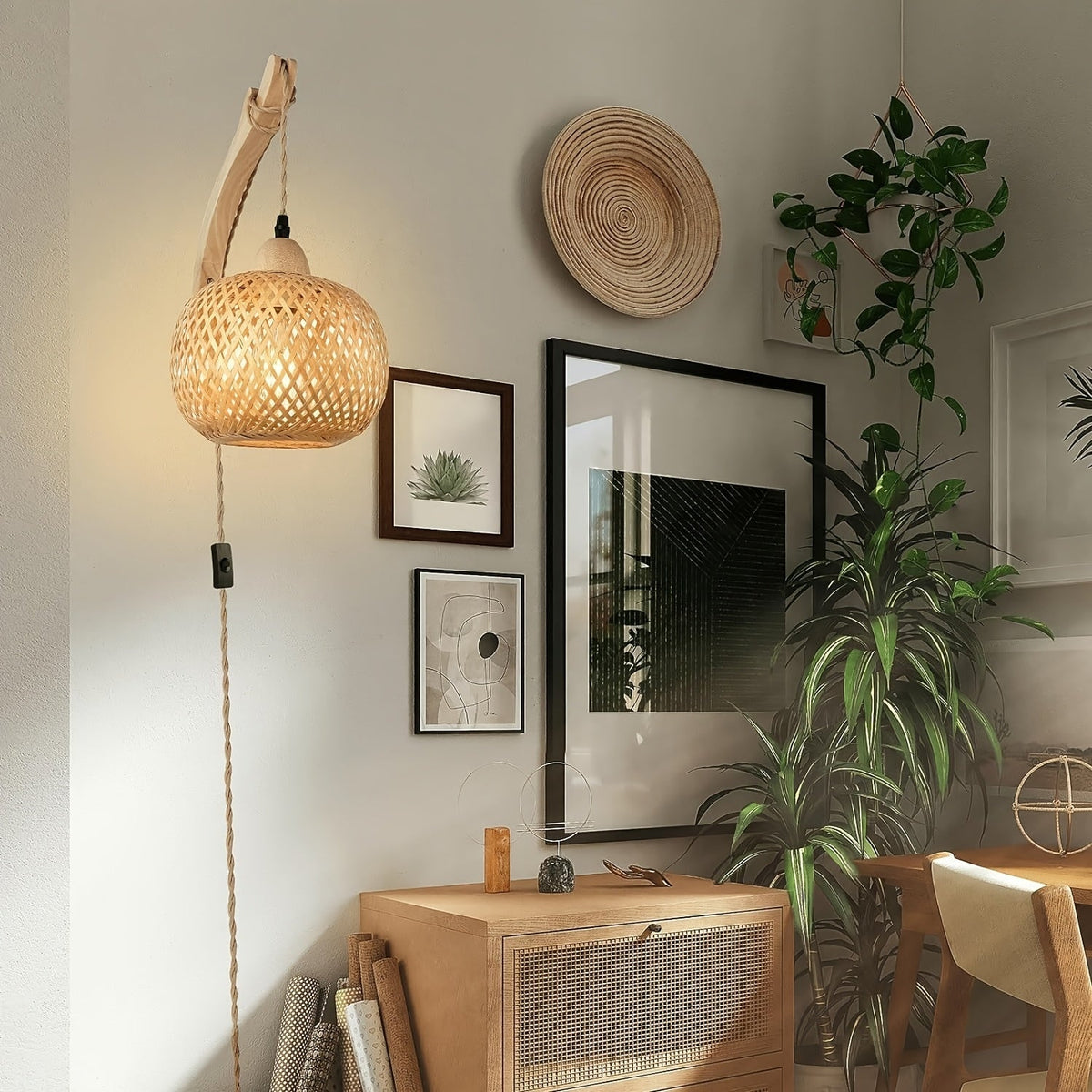 Rustikale Bambus Wandleuchte – Geflochtener Schirm mit Vintage-Stil sowie Stecker
