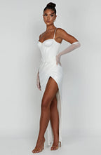 Despina – Satin-Maxikleid mit Beinschlitz und Korsett-Schnürung