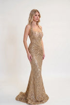 Mermaid – Wickel-Maxikleid mit Korsett-Schnürung und Pailletten