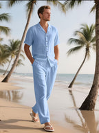 Herren Lässig Leinen Set – Bequem und Luftig mit Langer Hose und Kurzen Ärmeln