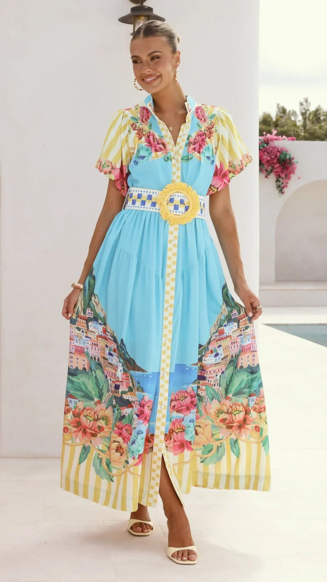 Damen Maxikleid mit Blumenmuster und Gürtel