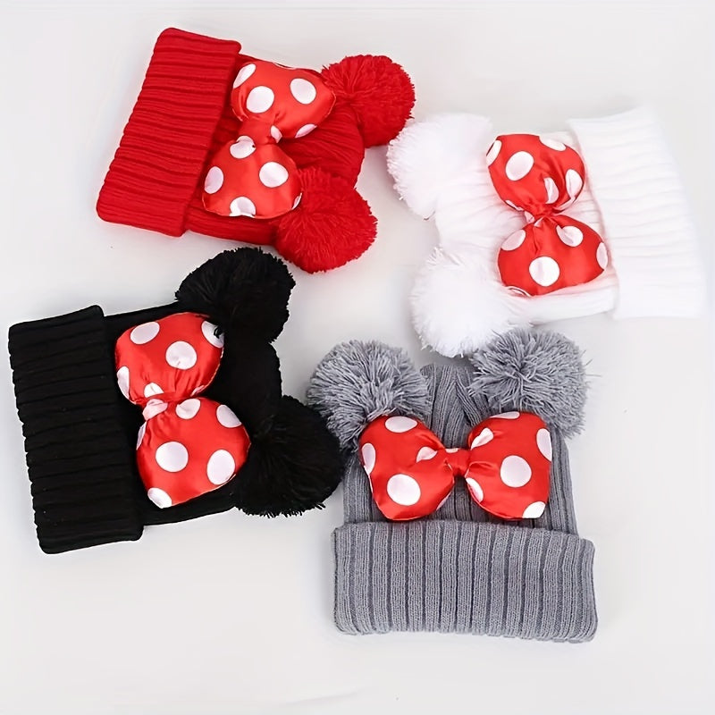 Sanne Niedlicher Minnie Hut für Kinder – Gestrickte Beanie mit Schleife sowie Pompons