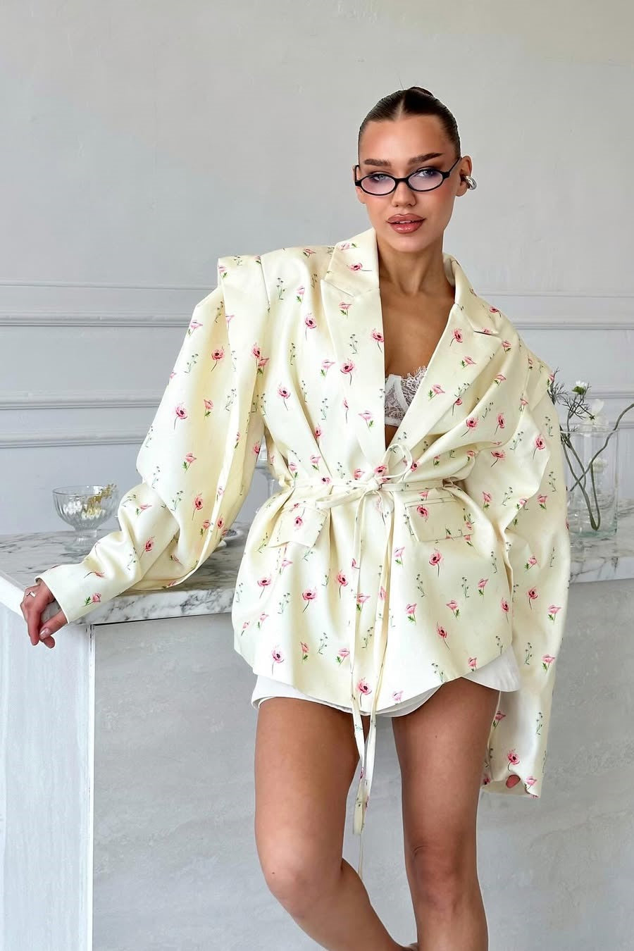 Blazer mit langen Ärmeln, Bindedetail und Druck