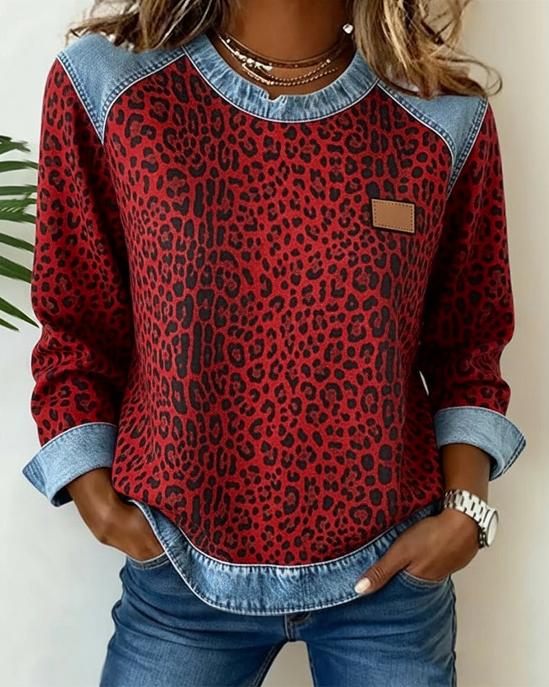 Leopardenmuster Jeans Patchwork Pullover