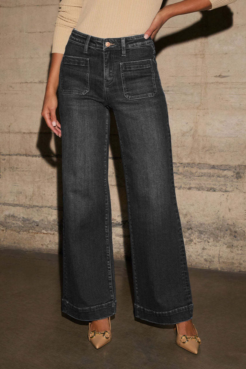 Jeans mit weitem Bein und hoher Taille in Schwarz
