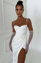 Despina – Satin-Maxikleid mit Beinschlitz und Korsett-Schnürung