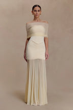 Caspian – Schulterfreies Maxikleid mit Mesh-Akzenten