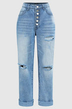 Low-Rise Straight-Leg-Jeans mit Used-Look und Knopfleiste