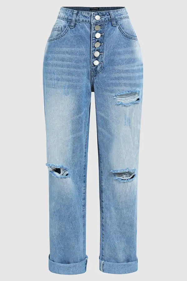 Low-Rise Straight-Leg-Jeans mit Used-Look und Knopfleiste