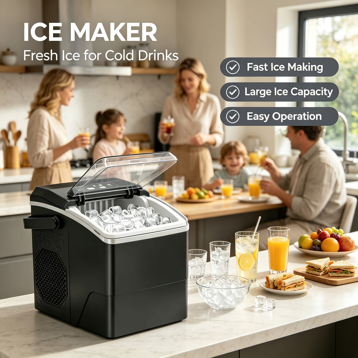 Tragbare Eiswürfelmaschine mit Selbstreinigungsfunktion sowie zwei Eiswürfelgrößen