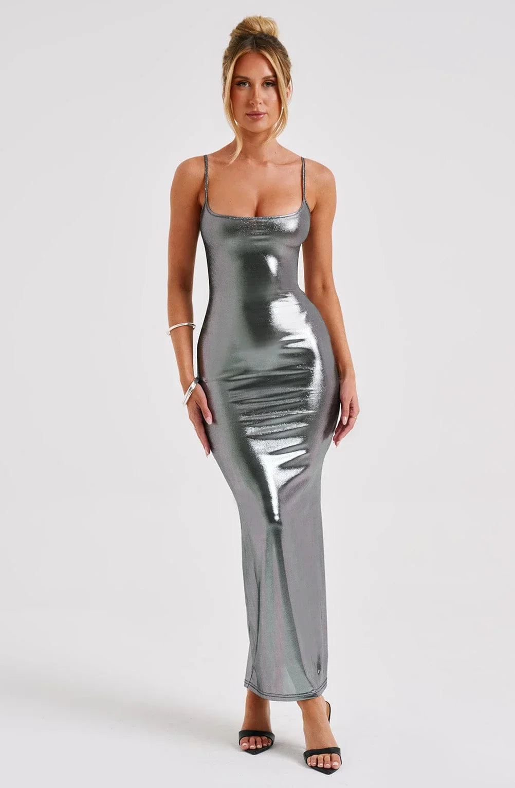 Damen Maxikleid in Metallic-Optik mit Spaghettiträgern