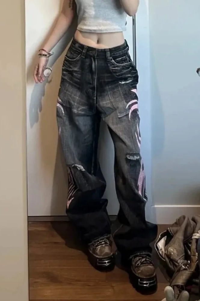 Jeans mit weitem Bein und Druck in Rosa
