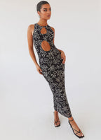 Figurbetontes Maxikleid mit Cut-outs und Mesh-Akzenten