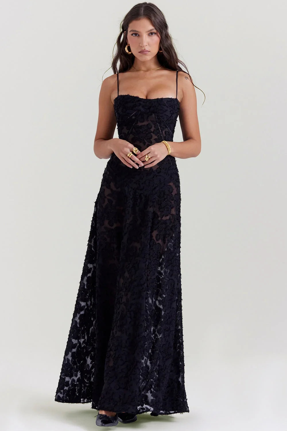 Damen Maxikleid mit Blumenapplikationen und Spaghettiträgern