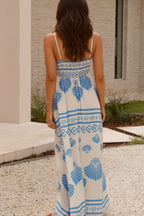 Maxikleid mit hoher Taille und Druck in Blau