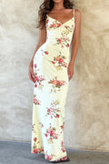 Ärmelloses Maxikleid mit V-Ausschnitt und Blumenmuster in Aprikose mit Rückenfrei