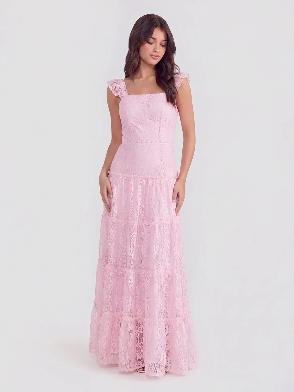 Spitzen-Maxikleid mit eckigem Ausschnitt und Volants