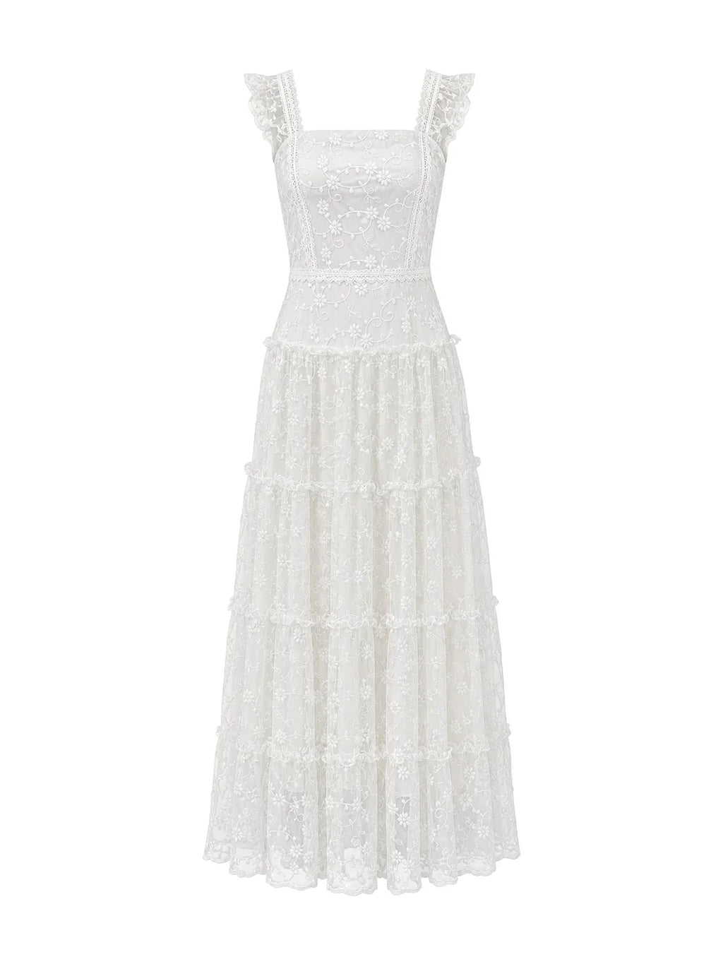 Spitzen-Maxikleid mit eckigem Ausschnitt und Volants
