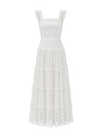 Spitzen-Maxikleid mit eckigem Ausschnitt und Volants