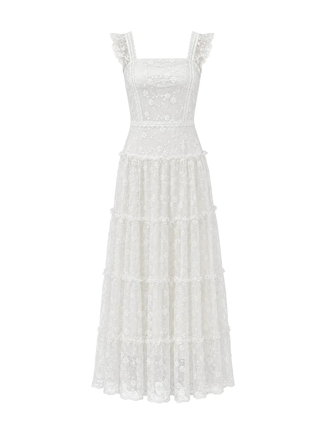 Spitzen-Maxikleid mit eckigem Ausschnitt und Volants