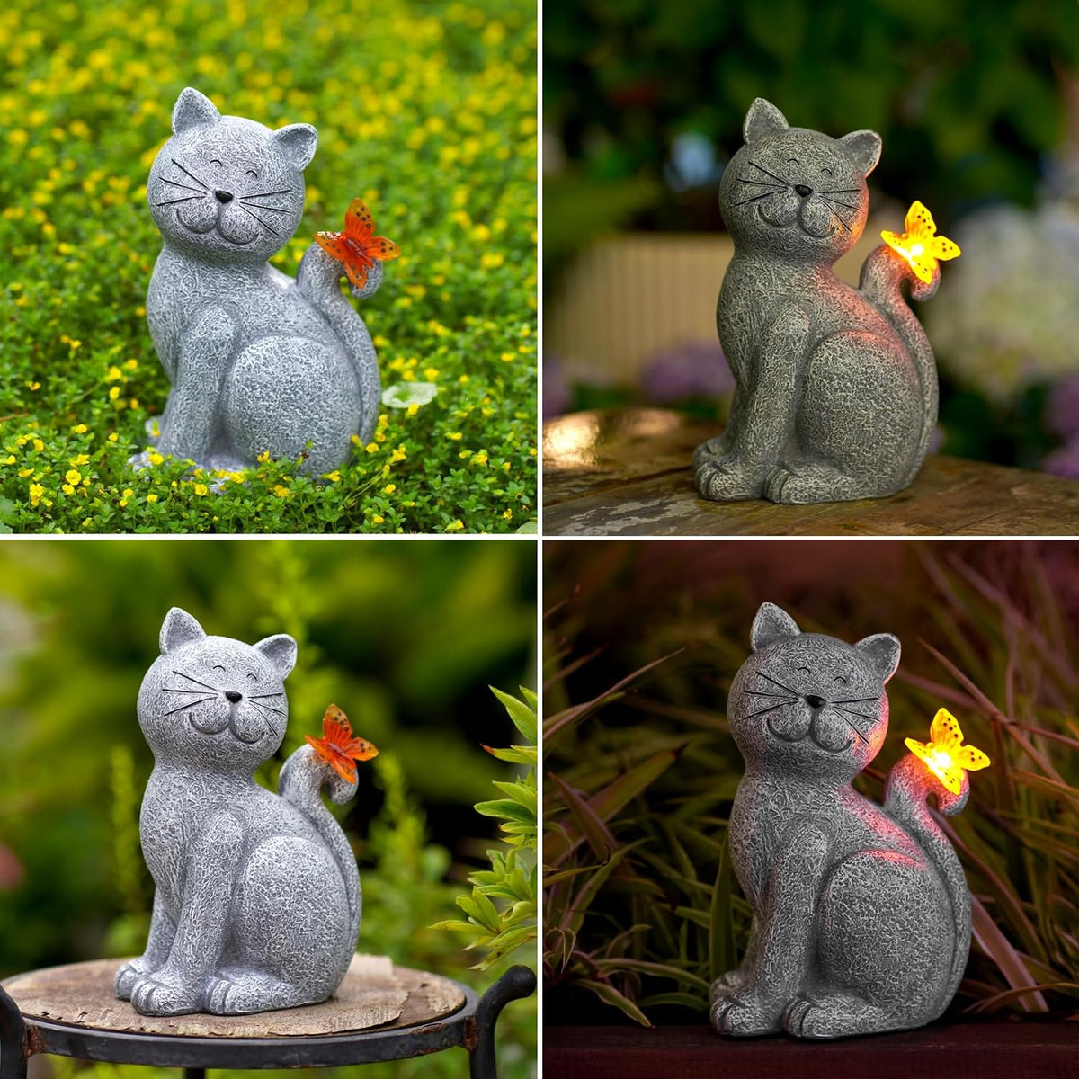 Verzauberte Katze inklusive Schmetterling – Stimmungsvolles Licht für deinen Garten