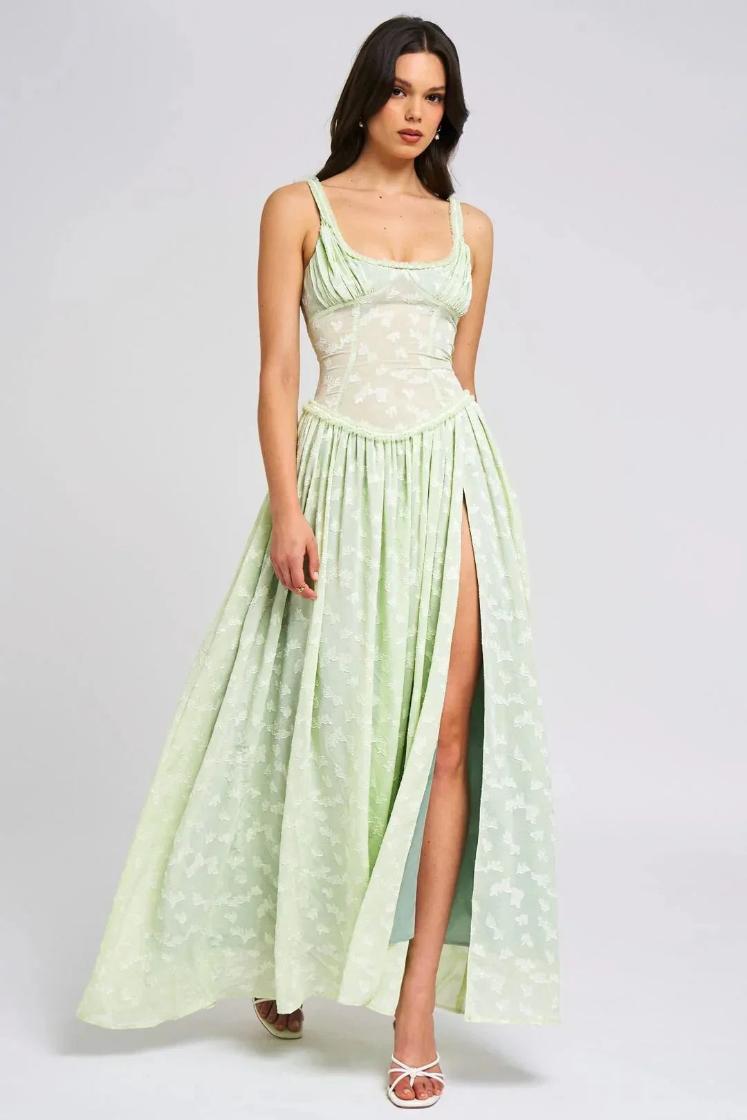 Damen Maxikleid mit Corsagen-Optik und Beinschlitz