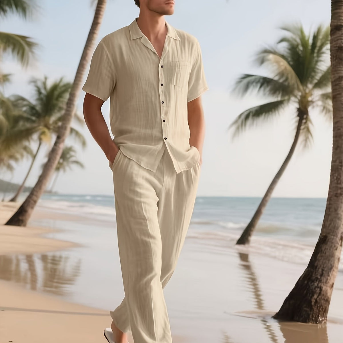 Herren Lässig Leinen Set – Bequem und Luftig mit Langer Hose und Kurzen Ärmeln